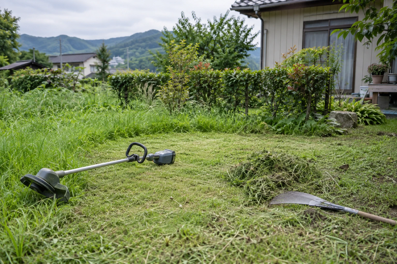 手入れされた庭と草刈り道具のイメージ