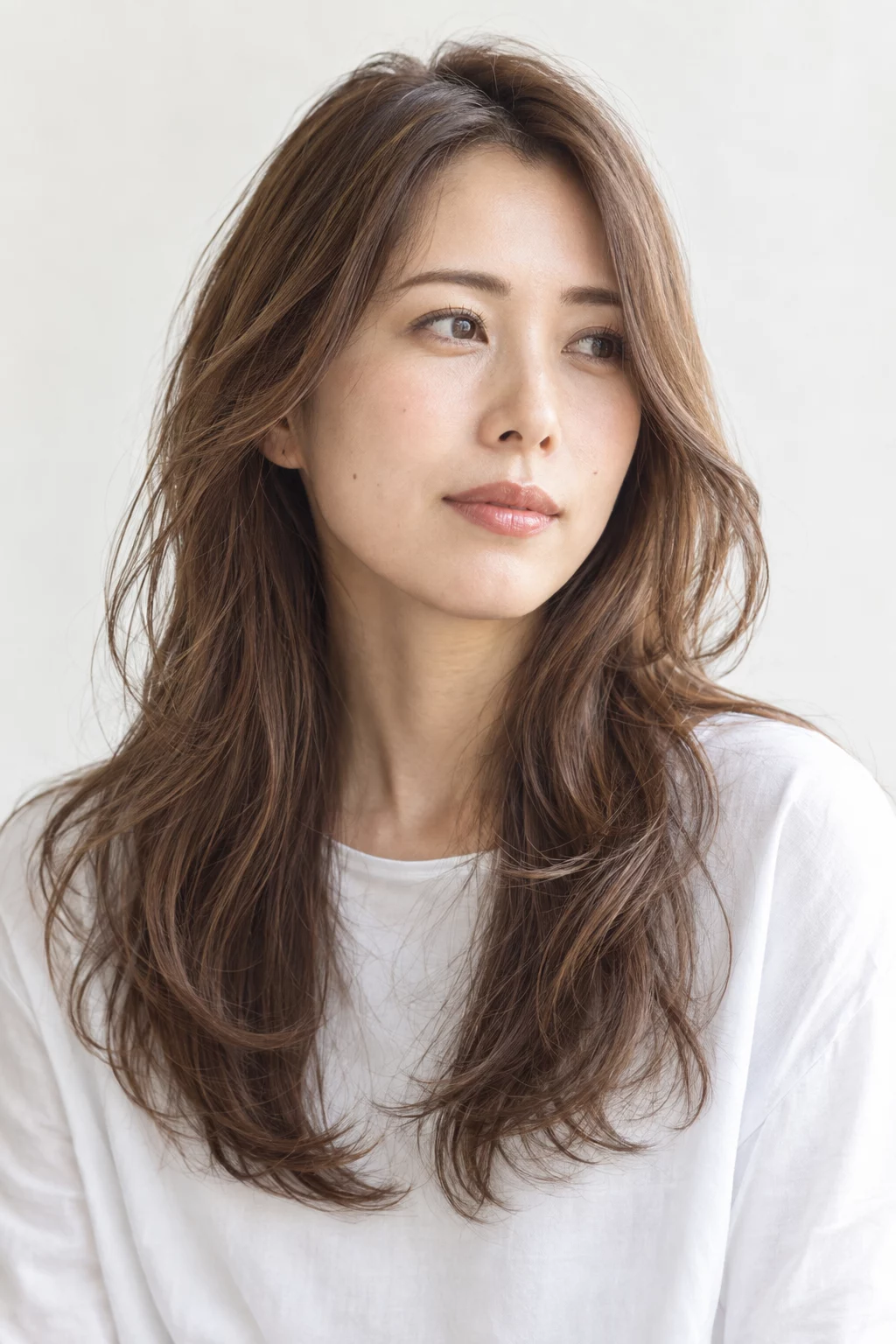 柔らかいブラウンと顔まわりのレイヤーを合わせたロングヘア